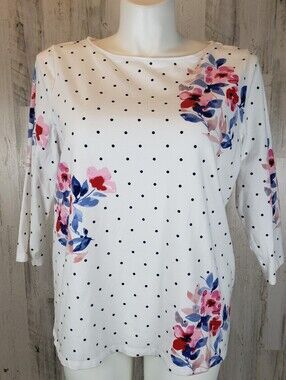 Talbots White Polka Dot Top with Pink & Blue Floral Accents Size 2X